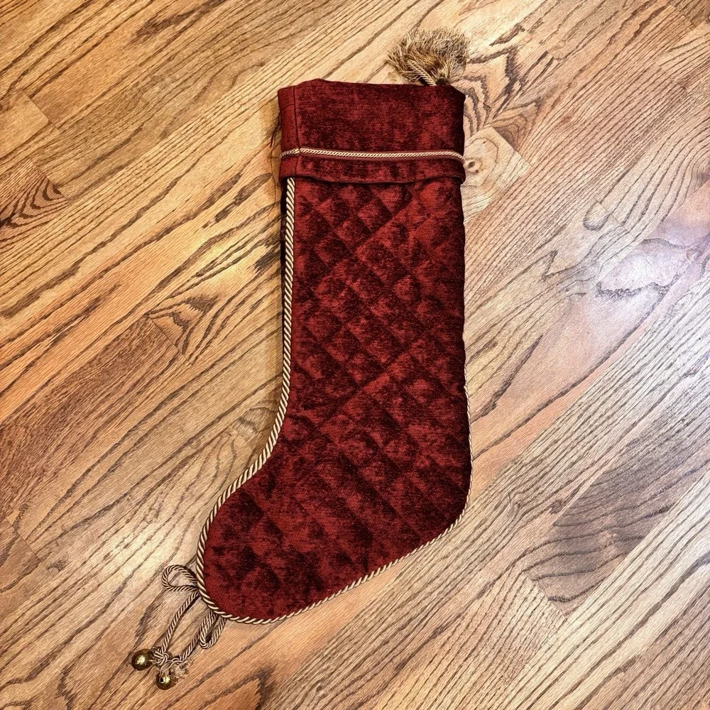 Villa Bacci Red‎ Velvet Christmas Stocking Gold Floral Brocade Tassel Bells 24